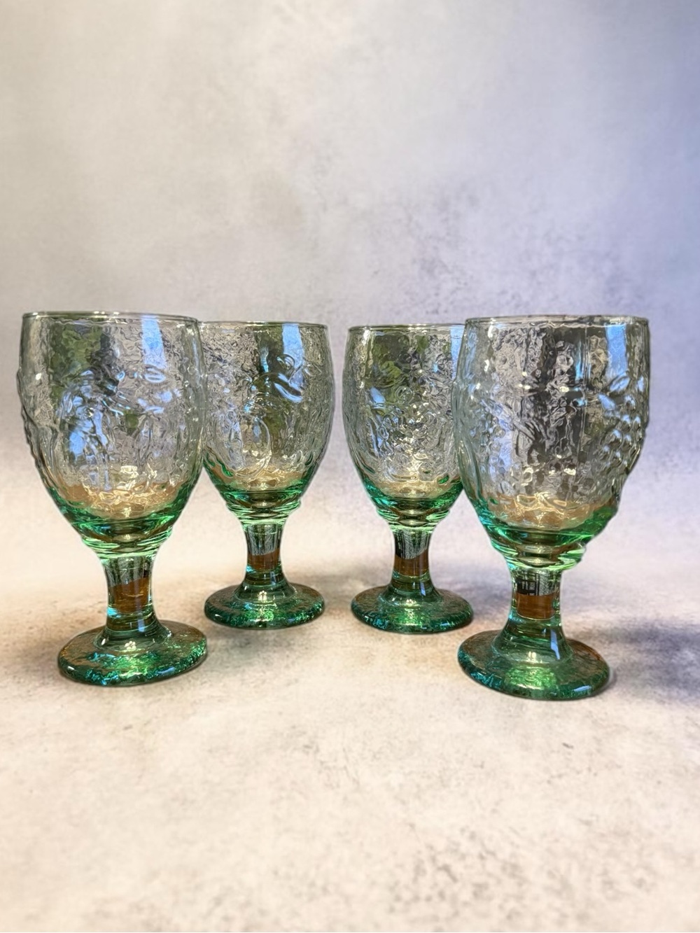 Vintage Green Textured Stemmed Goblet Glasses - Set of 4